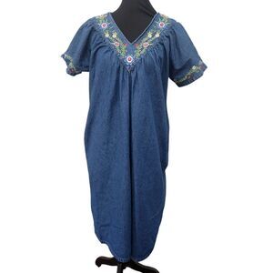 Vermont Country Store Denim Dress Small Short Midi Embroidered Short Sleeve
